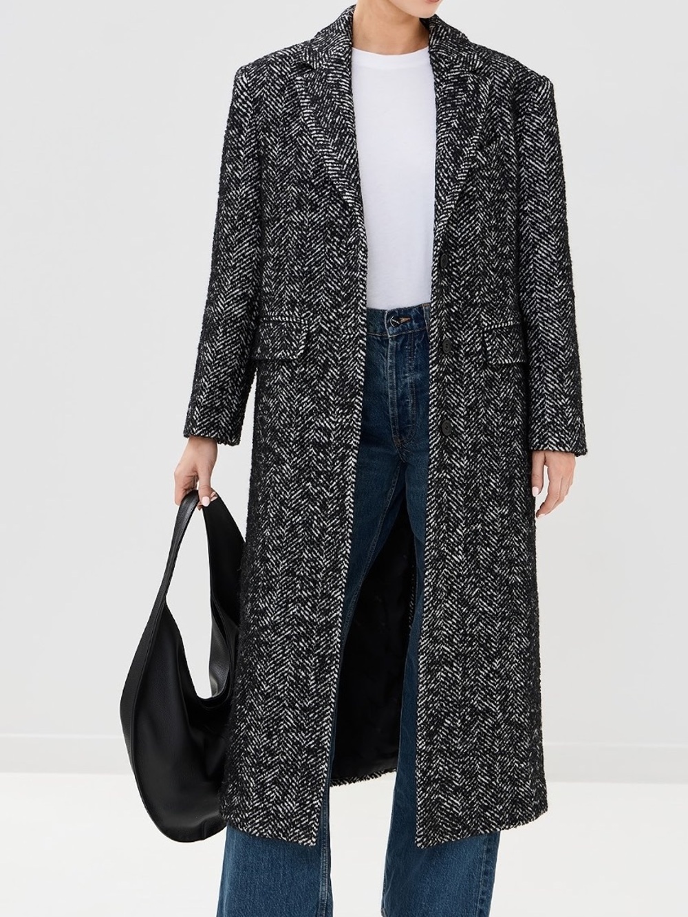 NWT Anine Bing Quinn Wool Long Herringbone Tweed Coat in Black and White